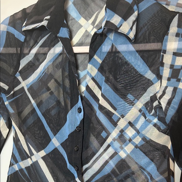 Y2K Blue and Black Sheer Plaid Fitted Button-Up Shirt - Picture 2 of 4